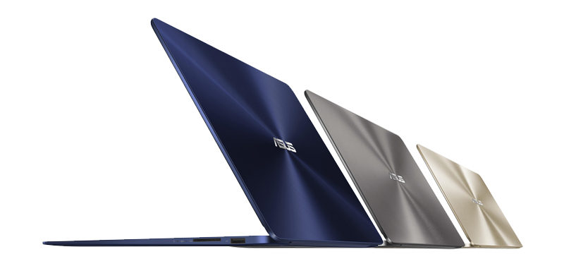 ASUS ZenBook UX430 in Royal Blue, Quartz Grey, and Shimmer Gold.