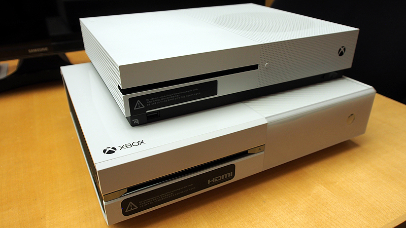 Xbox One S (top) versus the Xbox One in White (bottom).